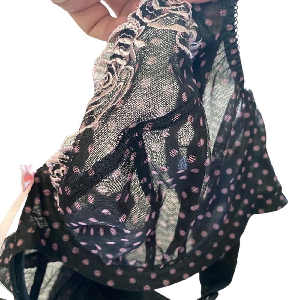 Elomi Betty Underwire Plunge Bra Black Pink Sheer Polka Dot Lace Embroidery 40F - Picture 5 of 11